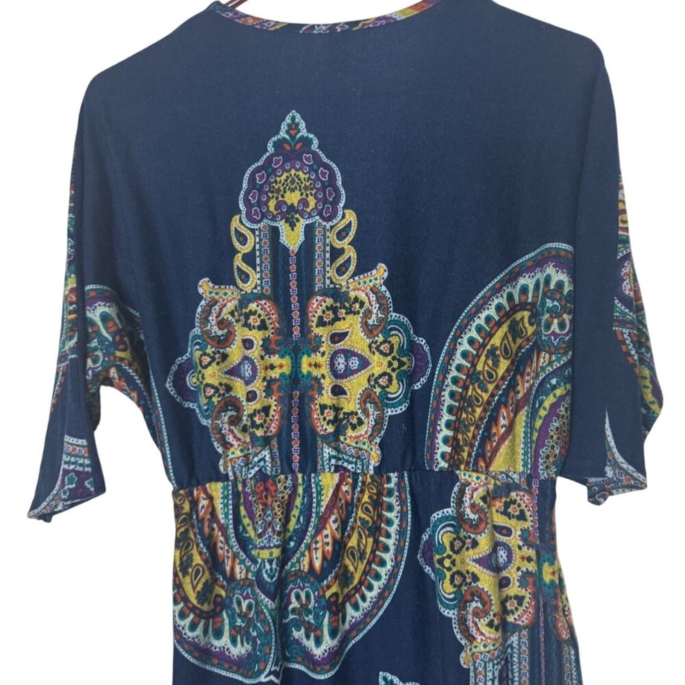 Renee C Boho Paisley Print Dress Navy Multicolor V-Neck Half Sleeve Made USA L - Picture 4 of 8